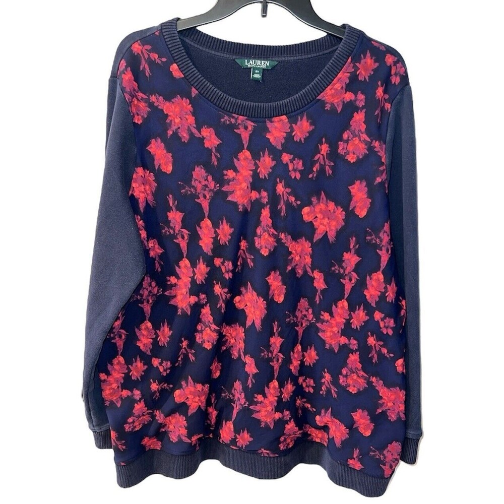 Lauren Ralph Lauren Sweatshirt Womens Plus Sz 2X Navy Red Floral Knit Sweater - Picture 2 of 8